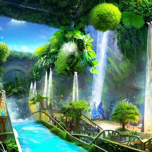 Image similar to hanging gardens of babylon waterpark with water slides, digital art, epic composition, highly detailed, cinematic lighting