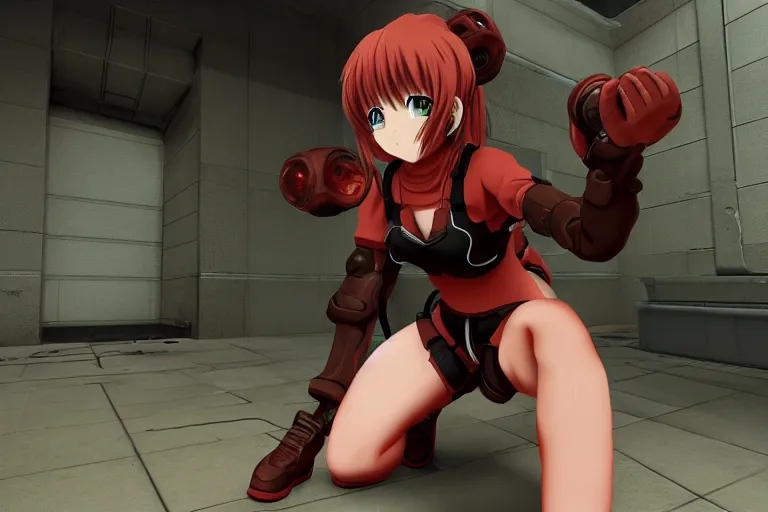 Image similar to an anime girl in a screenshot of the video game doom, the anime girl is crouching