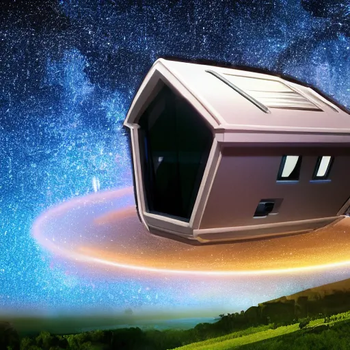 Image similar to a house floating on space galaxy