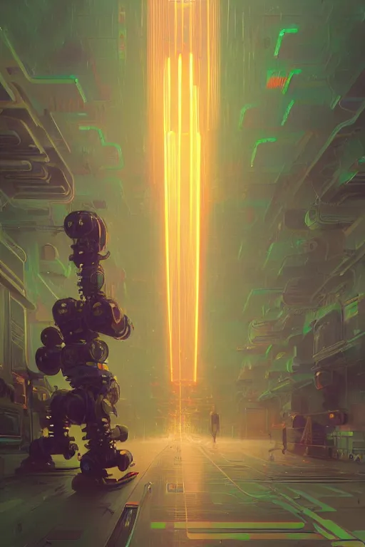 Prompt: techno magic robot surrounded by techy glowing glitch magic, interesting composition, cassette - futurism, d & d, sketchy lines and brushstrokes, no blur, 4 k resolution, ultra detailed, style of greg rutkowski, zac retz, kawase hasui, beeple, eddie mendoza, alphonse mucha,