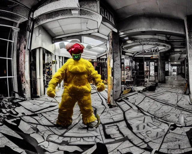 Image similar to camera footage of a extremely aggressive Vomiting Ronald McDonald with a knife and glowing white eyes, False Human Features, in an abandoned shopping mall, Psychic Mind flayer, Terrifying, Insane Ronald McDonald :7 , high exposure, dark, monochrome, camera, grainy, CCTV, security camera footage, timestamp, zoomed in, Feral, fish-eye lens, Fast, Radiation Mutated, Nightmare Fuel, Ancient Evil, No Escape, Motion Blur, horrifying, lunging at camera :4 bloody dead body, blood on floors, windows and walls :5