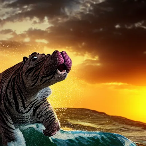 Prompt: a closeup photorealistic photograph of a smiling knitted tiger hippopotamus riding a large wave during sunset. surf in the background. professional capture. brightly lit scene. this 4 k hd image is trending on artstation, featured on behance, well - rendered, extra crisp, features intricate detail, epic composition and the style of unreal engine.