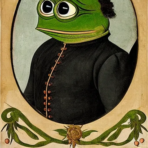 Image similar to pepe the frog as 1 8 th century prussian soldier, elegant portrait by sandro botticelli, detailed, symmetrical, intricate