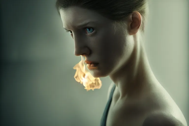 Image similar to an ultra realistic, cinematic, fantasy, portrait, of a woman, face in mirror, fire, dramatic, soft light, dreamy, facial features, stood in a cell, with prison clothing, detailed, deep focus, movie still, dramatic lighting, ray tracing, by michal karcz and yoshitaka