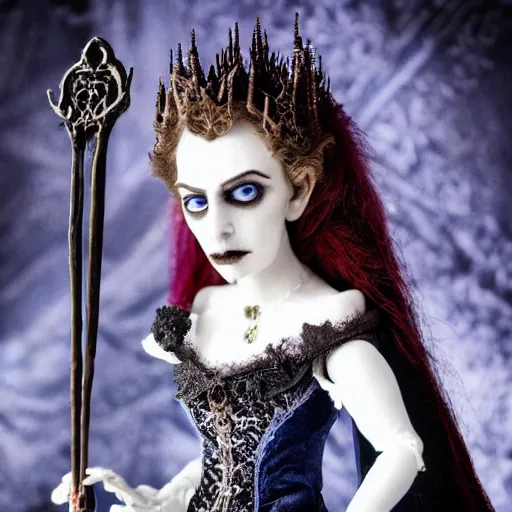 Image similar to photo taken of an epic intricate, ultra detailed, super realistic stop motion puppet of a majestic gracious regal aristocratic vampire in a gothic victorian filmset studio created by weta workshop and directed by tim burton, menacing, close up shots, photorealistic, sharp focus, gloomy, extremely cold blueish colour temperature, 3 5 mm, f 1. 4
