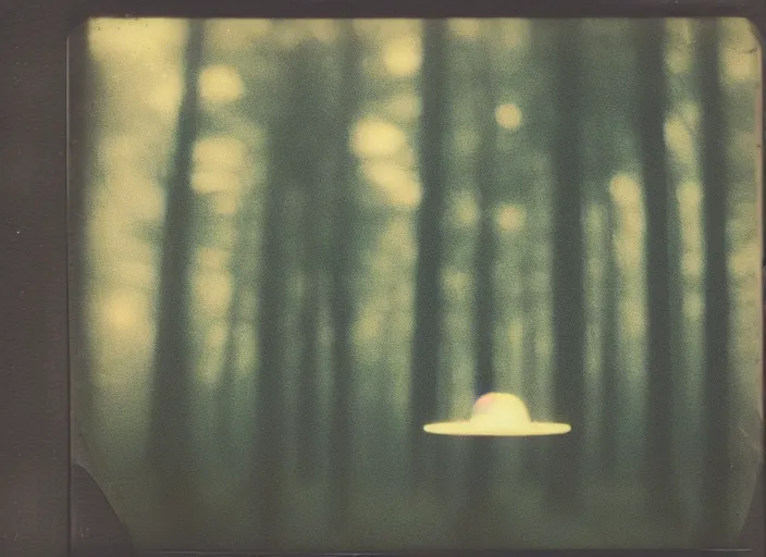 Image similar to aged blurry polaroid photograph of a ufo hovering above a forest at dusk