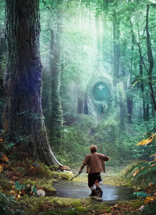 Image similar to a hobbit wearing hiking boots and teal gloves playing basketball in a forest, by beeple