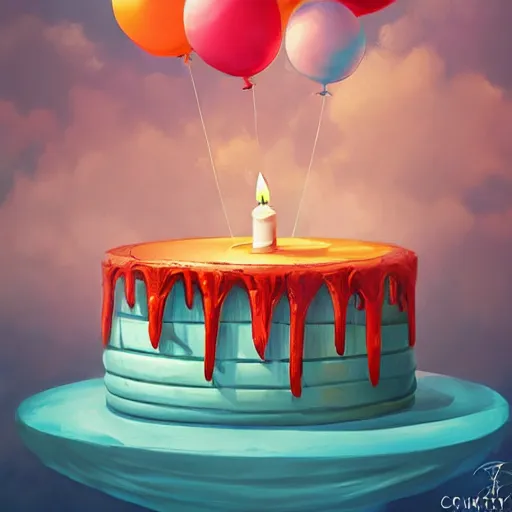 Prompt: a giant floating cake and plenty of floating birthday balloons. digital art, highly - detailed, sharp focus, artstation cgsociety masterpiece