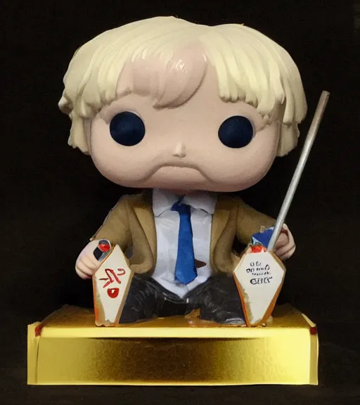 Prompt: boris johnson painted gold funko pop still sealed in box, ebay listing