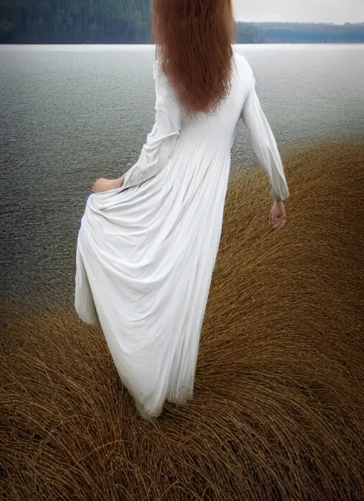 Image similar to photo, inspired by zdzisław beksinski, long shot, woman posing, short wavy hair, round face, intricate white dress, lakeside, cottagecore!!, intricate, enlightened, highly detailed, smooth, sharp focus, inspired by artgerm, by marat safin, and alphonse mucha