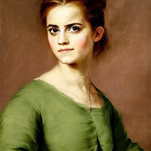 Image similar to Emma Watson wearing green tunic holding a flower. Painted by Rubens, high detail