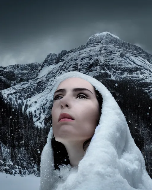 Image similar to a woman's face in profile, made of a snow capped Swiss mountain, in the style of the Dutch masters and Gregory Crewdson, dark and moody