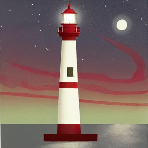 Prompt: A realistic photo of A red and white striped lighthouse shining out onto the sea; a white house with a red roof with the lights on inside; thin dark trees behind; nighttime with stars behind; full moon