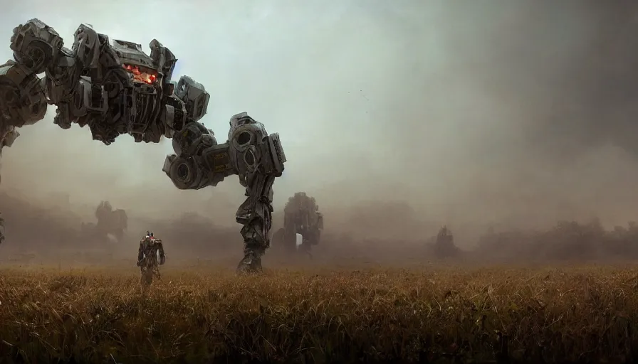 Prompt: giant mech walking in the field, very detailed and intricate, ornate, fog, dark hazy environment, ambient lighting, realistic, cinematic, trending on artstation, matte painting, by craig mullins