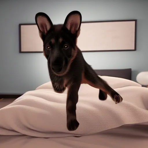 Prompt: in my bedroom my gsd puppy gets the zoomies and jumps around on the bed. the bed has a color comforter that's unmade. high energy, frenetic craziness, running, jumping, and chasing. cg animation, 3 d octane render, imax 7 0 mm, rtx,