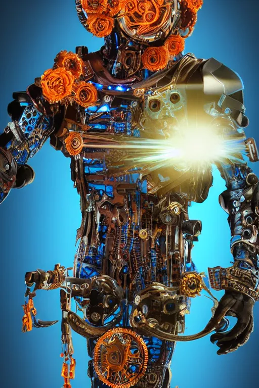 Image similar to full-body cyberpunk style sculpture of a young handsome Spanish prince half android with a chest opening exposing circuitry and a sparking motherboard, glowing blue lasert eyes, crown of mechanical gears and roses, flowing orange-colored silk, fabric, steampunk archways. baroque elements, human skull. full-length view. baroque element. intricate artwork by caravaggio. many many birds birds on background. Trending on artstation, octane render, cinematic lighting from the right, hyper realism, octane render, 8k, depth of field, 3D