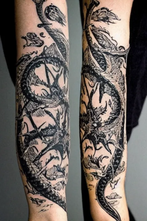 Prompt: grunge tattoo ideas based on here there be dragons, dragons, sea monsters hidden beneath the surfac