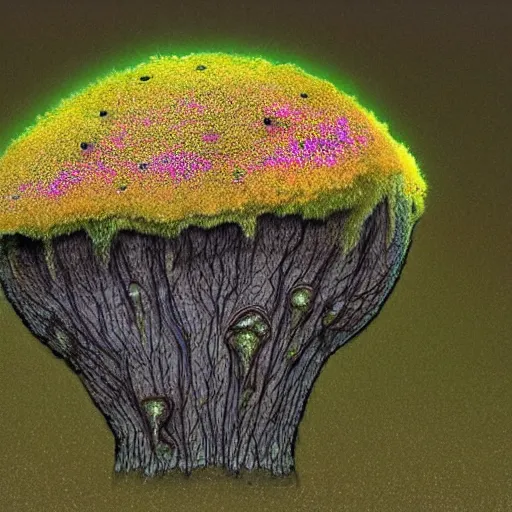 Prompt: a unique alien creepy fungal growth that covers entire landscapes with iridescent globs that have holes in them