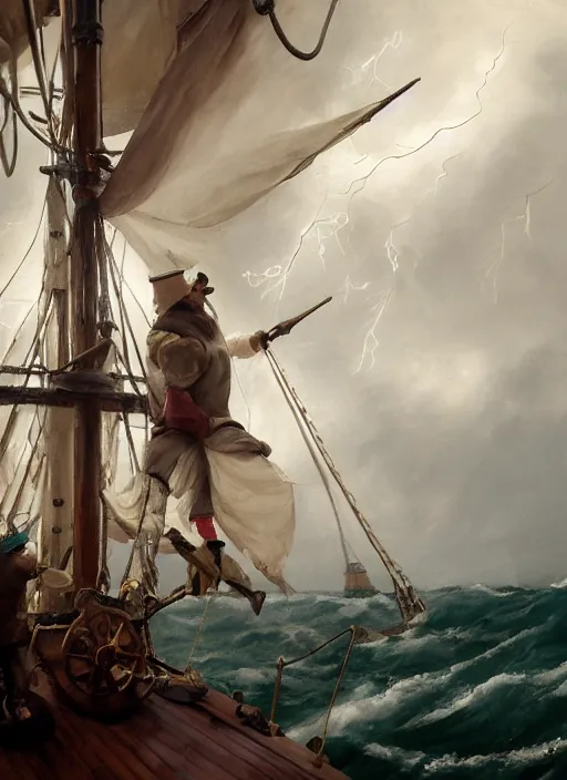 Image similar to close - up portrait of a male sailor with two peglegs and two hook hands in foreground, fat obese seaman with beard, steering the rudder wheel of a wooden galleon tallship through a rain and lightning storm. view from on deck, sails masts rigging ropes pulleys, detailed dynamic light painting by peter mohrbacher
