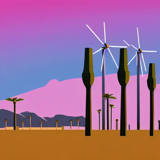 Image similar to a beautiful illustration of palm springs by James gilleard, wind turbines, palm trees, mountains, artstation HD, geometric lines, HD, 4k, 8k