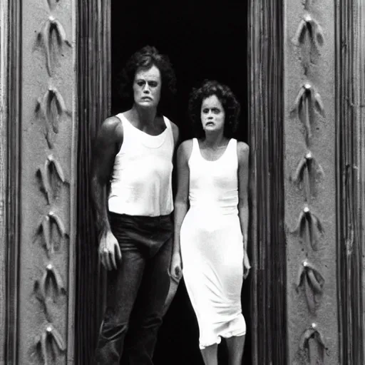 Image similar to detailed still of beautiful Ripley-Sigourney Weaver wearing a white singlet and cat Jonesy moving apartment New York City 1983, gothic building entrance way Art Deco H.R. Giger, cinematic feel, high octane