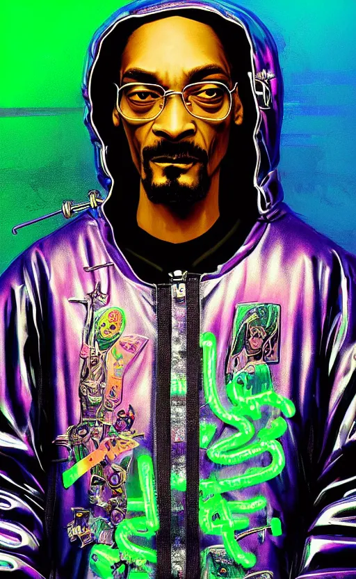 Prompt: detailed Snoop Dogg portrait Neon Operator, cyberpunk futuristic neon, reflective puffy coat, decorated with traditional Japanese ornaments by Ismail inceoglu dragan bibin hans thoma !dream detailed portrait Neon Operator Girl, cyberpunk futuristic neon, reflective puffy coat, decorated with traditional Japanese ornaments by Ismail inceoglu dragan bibin hans thoma greg rutkowski Alexandros Pyromallis Nekro Rene Maritte Illustrated, Perfect face, fine details, realistic shaded, fine-face, pretty face