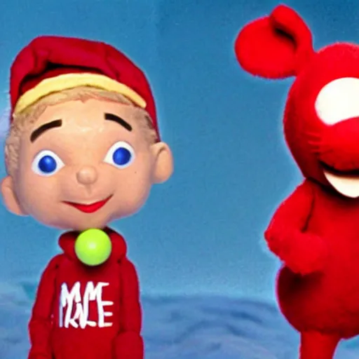 Prompt: Eminem on the island of misfit toys in the Rudolph the red nosed reindeer movie, claymation