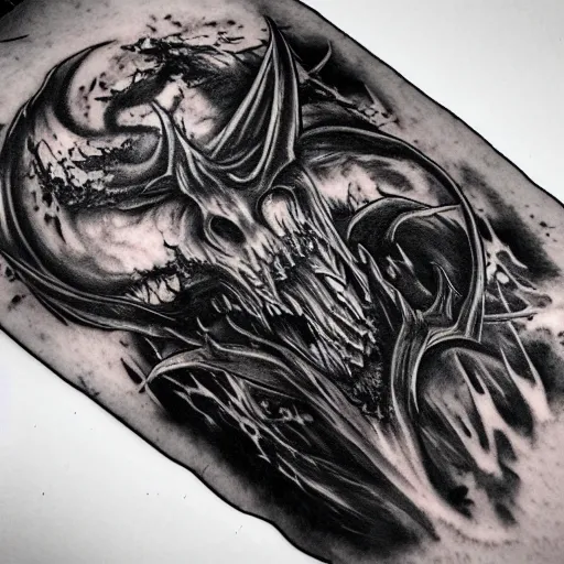 Image similar to diablo lord of terror, engulfed in flames, detailed greyscale tattoo by Dmitriy Tkach