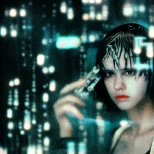 Image similar to film still, 6 5 mm, a masterpiece portrait photo of a girl, biotech, cyberpunk, blade runner, cyborg, grainy, withered, worn, glowing lights