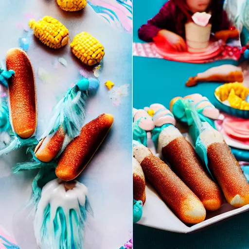 Image similar to corn dogs, mermaid themed birthday cake, food photography,