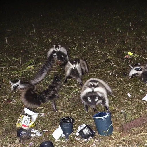 Image similar to night vision picture of raccoons rummaging through a gigantic trash mound