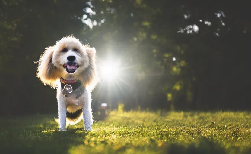 Image similar to portrait of a happy dog, natural light, lens flare