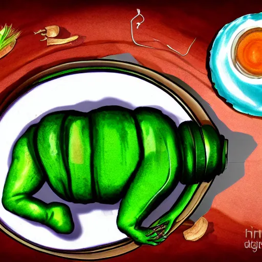 Prompt: a plate of a wholesome dinner of roasted tardigrade with a side of green mucus, digital art