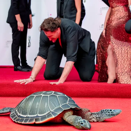 Image similar to hyperrealistic!! Drunk Actor Red Carpet Paparazzi, turtle, 8K, cinematic