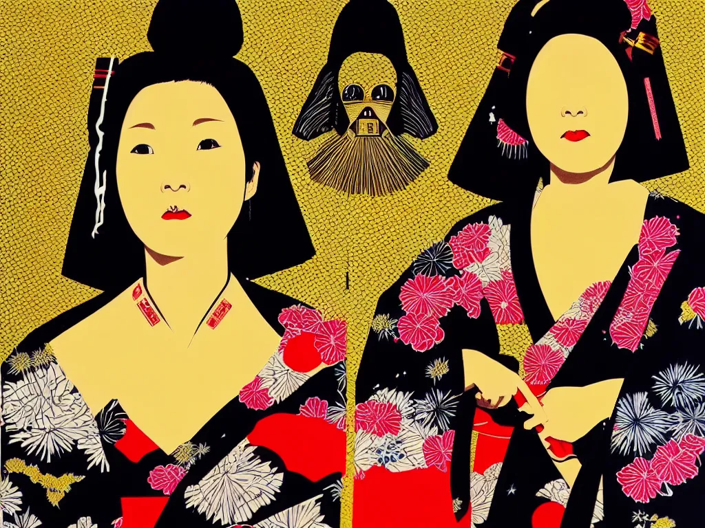 Image similar to hyperrealistic composition of the detailed woman in a japanese kimono sitting at a extremely detailed black jack table with golden darth vader, fireworks, mountain fuji on the background, pop - art style, jacky tsai style, andy warhol style, acrylic on canvas