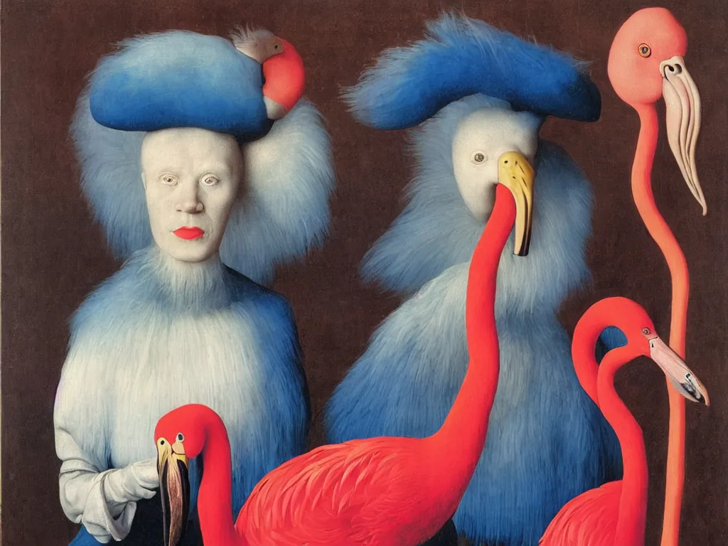 Image similar to Portrait of albino mystic with blue eyes, with exotic beautiful flamingo. Painting by Jan van Eyck, Audubon, Rene Magritte, Agnes Pelton, Max Ernst, Walton Ford