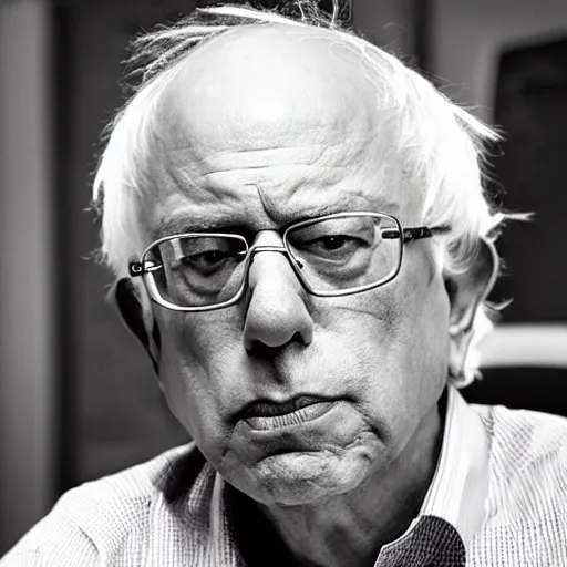 Prompt: bernie sanders arms crossed on chair, under electron microscope