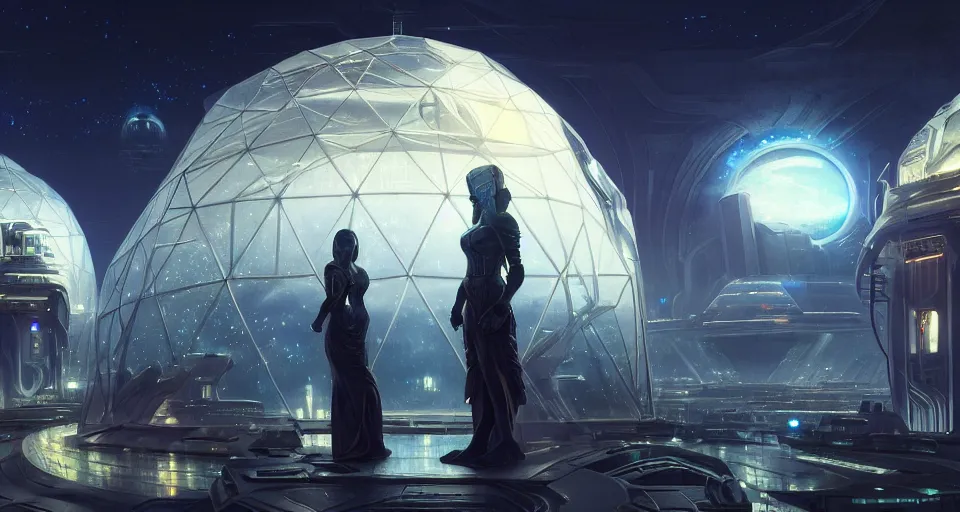 Image similar to cinematic shot, futuristic city on the moon inside a giant geodesic dome, utopian, night, stars, digital painting, artstation, concept art, smooth, sharp focus, illustration, intricate, elegant, highly detailed, in the style of greg rutkowski and alphonse mucha and artemisia, 8 k, highly detailed, jurgens, rutkowski
