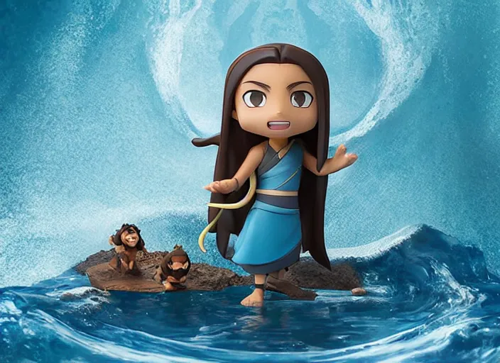 Prompt: katara from avatar as nendoroid is summoning a giant wave from a lake in a forest, in the croods movie style, anime, disney, pixar, 8 k, hd, dof, kodak film, volumetric lighting, subsurface scattering, photorealistic, octane render, details