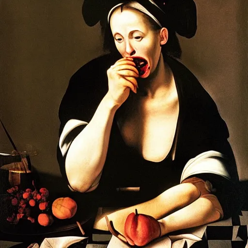 Prompt: woman eating a banana in style of caravaggio