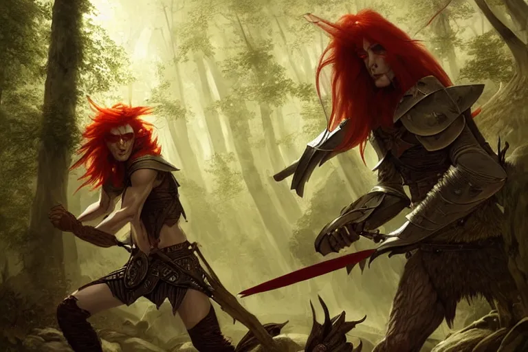 Image similar to male wood elf with long red hair wearing an eye patch and leather armor fighting a stone troll, in mysterious forest, dusk, fantasy, intricate, elegant, highly detailed, digital painting, artstation, concept art, matte, sharp focus, illustration, art by roberto ferri and greg rutkowski and alphonse mucha