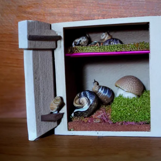 Prompt: interior photograph of a miniature home made for snails, micro