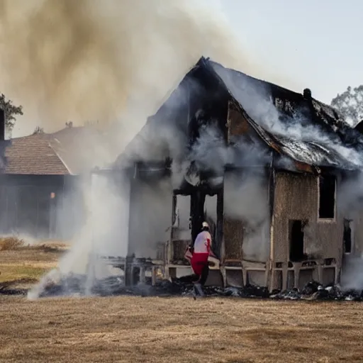 Image similar to burning house, people running out of the house