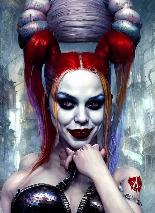 Prompt: highly detailed portrait of a beautiful harley quinn, in batman : arkham asylum, stephen bliss, 8 k, unreal engine, fantasy art by greg rutkowski, loish, rhads, ferdinand knab, makoto shinkai and lois van baarle, ilya kuvshinov, rossdraws, tom bagshaw, global illumination, radiant light, detailed and intricate environment