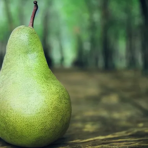 Image similar to a cute green pear animal walking in front of a forest, and looking at the camera ; pear skin ; nature photography