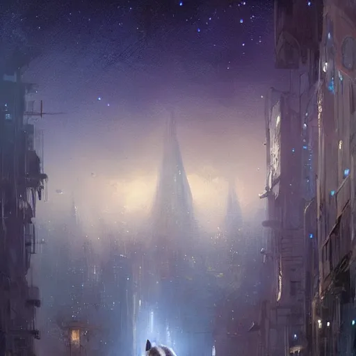 Image similar to Concept art, beautiful painting of a cat, shining its light among stars, wandering around a metropolis city, 8k, james gurney, greg rutkowski, john howe, artstation