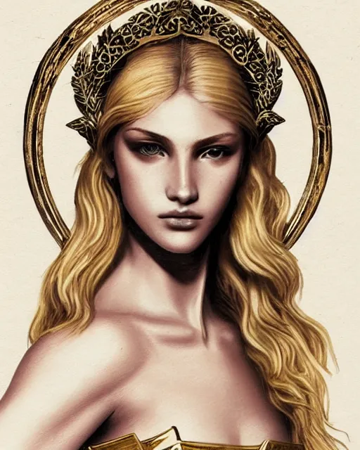 Image similar to tattoo design sketch of cute beautiful blonde super model as aphrodite greek goddess wearing a gold laurel wreath and triangle earrings, beautiful piercing gaze with sharp pupils, in the style of greg rutkowski, fantasy, amazing detail, epic, elegant, smooth, sharp focus, front view