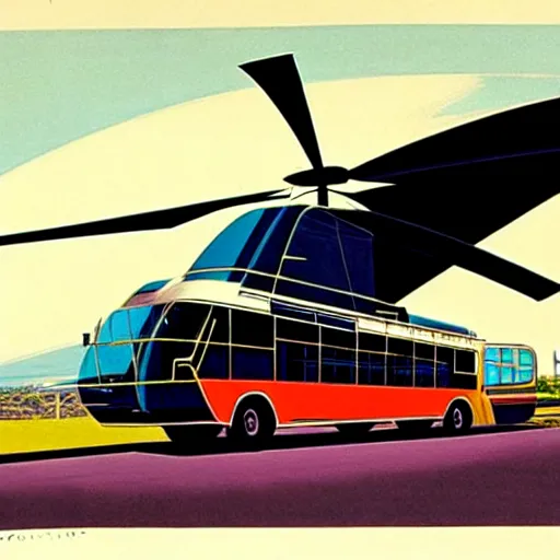 Image similar to concept art for bus + helicopter, painted by syd mead, high quality