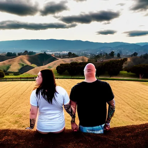 Image similar to portrait of a young chunky bald white male tattoos and his young white female brown hair wife with tattoos. male is wearing a white t - shirt, tan shorts, white long socks. female is has long brown hair and a lot of tattoos. photo taken from behind them overlooking the field with a goat pen. rolling hills in the background of california and a partly cloudy sky