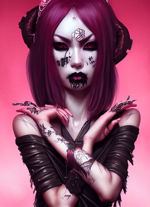 Image similar to soft lustrous ebony geisha seductive raver yakuza gothic gutter punk, urban decay dark fantasy, dark art, highly detailed, digital painting, octane render, artstation, concept art, smooth, sharp focus, illustration, art by artgerm, loish, wlop